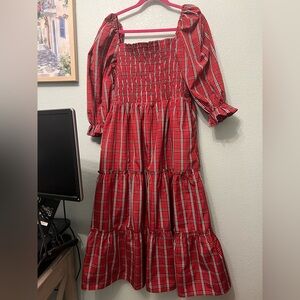Festive Plaid Smocked Midi Dress with Puff Sleeves in Red